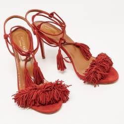 Pre Owned Aquazzura Red Suede Wild Thing Ankle Tie Sandals Size 38