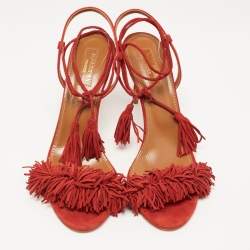 Pre Owned Aquazzura Red Suede Wild Thing Ankle Tie Sandals Size 38