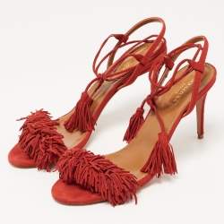 Pre Owned Aquazzura Red Suede Wild Thing Ankle Tie Sandals Size 38