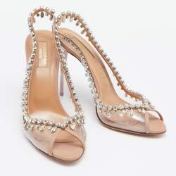 Pre Owned Aquazzura Beige Leather and PVC Temptation Slingback Sandals Size 38