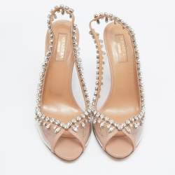 Pre Owned Aquazzura Beige Leather and PVC Temptation Slingback Sandals Size 38