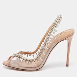 Pre Owned Aquazzura Beige Leather and PVC Temptation Slingback Sandals Size 38