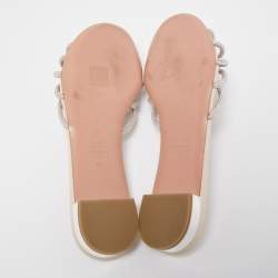 Pre Owned Aquazzura Silver Leather Crystal Embellished Celeste Slide Flats Size 40 