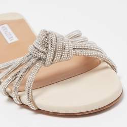 Pre Owned Aquazzura Silver Leather Crystal Embellished Celeste Slide Flats Size 40 