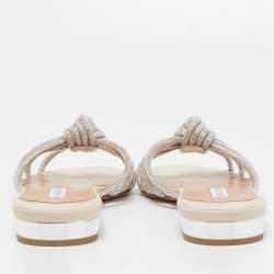 Pre Owned Aquazzura Silver Leather Crystal Embellished Celeste Slide Flats Size 40 