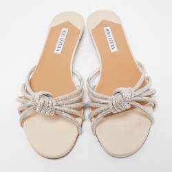 Pre Owned Aquazzura Silver Leather Crystal Embellished Celeste Slide Flats Size 40 