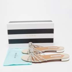 Pre Owned Aquazzura Silver Leather Crystal Embellished Celeste Slide Flats Size 40 