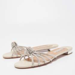 Pre Owned Aquazzura Silver Leather Crystal Embellished Celeste Slide Flats Size 40 