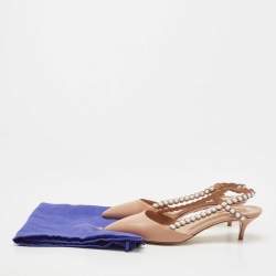 Pre Owned Aquazzura Brown Leather Pearl Embellished Slingback Pumps Size 37