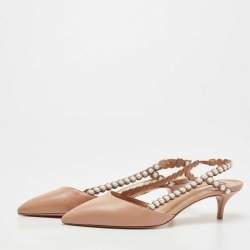 Pre Owned Aquazzura Brown Leather Pearl Embellished Slingback Pumps Size 37