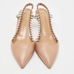 Pre Owned Aquazzura Brown Leather Pearl Embellished Slingback Pumps Size 37