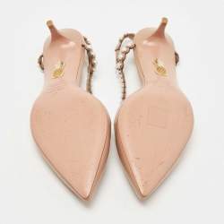 Pre Owned Aquazzura Brown Leather Pearl Embellished Slingback Pumps Size 37