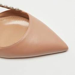 Pre Owned Aquazzura Brown Leather Pearl Embellished Slingback Pumps Size 37