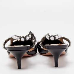 Pre Owned Aquazzura Black Leather Pearl Embellished Slingback Pumps Size 37