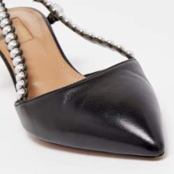 Pre Owned Aquazzura Black Leather Pearl Embellished Slingback Pumps Size 37