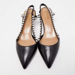 Pre Owned Aquazzura Black Leather Pearl Embellished Slingback Pumps Size 37