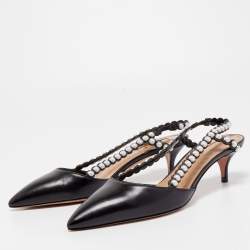 Pre Owned Aquazzura Black Leather Pearl Embellished Slingback Pumps Size 37