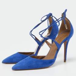 Aquazzura Blue Suede Matilde Ankle Tie Pumps Size 37