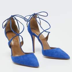 Aquazzura Blue Suede Matilde Ankle Tie Pumps Size 37