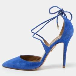Aquazzura Blue Suede Matilde Ankle Tie Pumps Size 37