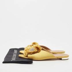 Pre Owned Aquazzura Yellow Satin Lotus Crystal Embellished Slide Sandals Size 39.5