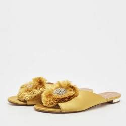 Pre Owned Aquazzura Yellow Satin Lotus Crystal Embellished Slide Sandals Size 39.5