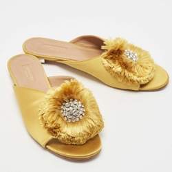 Pre Owned Aquazzura Yellow Satin Lotus Crystal Embellished Slide Sandals Size 39.5