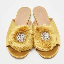 Pre Owned Aquazzura Yellow Satin Lotus Crystal Embellished Slide Sandals Size 39.5