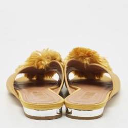 Pre Owned Aquazzura Yellow Satin Lotus Crystal Embellished Slide Sandals Size 39.5