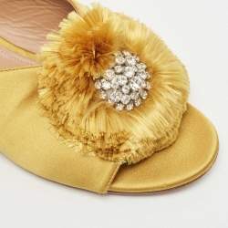 Pre Owned Aquazzura Yellow Satin Lotus Crystal Embellished Slide Sandals Size 39.5