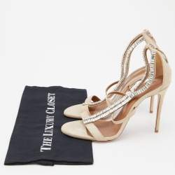 Pre Owned Aquazzura Beige Suede Crystal Embellished Strappy Sandals Size 38.5