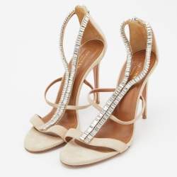 Pre Owned Aquazzura Beige Suede Crystal Embellished Strappy Sandals Size 38.5