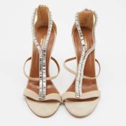 Pre Owned Aquazzura Beige Suede Crystal Embellished Strappy Sandals Size 38.5