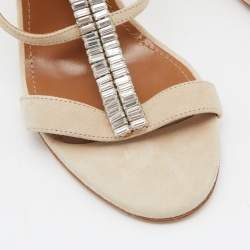 Pre Owned Aquazzura Beige Suede Crystal Embellished Strappy Sandals Size 38.5