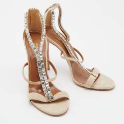 Pre Owned Aquazzura Beige Suede Crystal Embellished Strappy Sandals Size 38.5