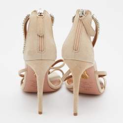 Pre Owned Aquazzura Beige Suede Crystal Embellished Strappy Sandals Size 38.5