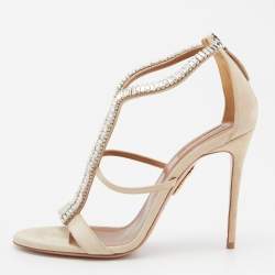 Pre Owned Aquazzura Beige Suede Crystal Embellished Strappy Sandals Size 38.5