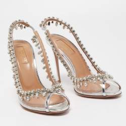 Pre Owned Aquazzura Silver PVC and Foil Leather Temptation Crystal Embellished Slingback Sandals Size 36