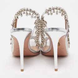 Pre Owned Aquazzura Silver PVC and Foil Leather Temptation Crystal Embellished Slingback Sandals Size 36
