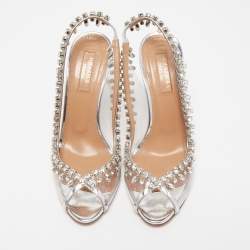 Pre Owned Aquazzura Silver PVC and Foil Leather Temptation Crystal Embellished Slingback Sandals Size 36