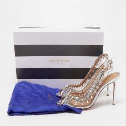 Pre Owned Aquazzura Silver PVC and Foil Leather Temptation Crystal Embellished Slingback Sandals Size 36