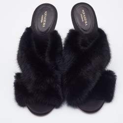 Pre Owned Aquazzura Black Mink Fur Cross Strap Slide Sandals Size 40