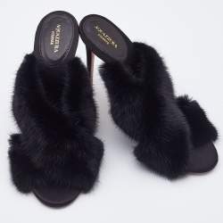 Pre Owned Aquazzura Black Mink Fur Cross Strap Slide Sandals Size 40