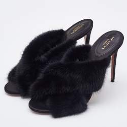 Pre Owned Aquazzura Black Mink Fur Cross Strap Slide Sandals Size 40