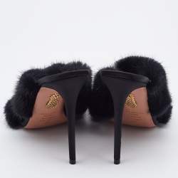 Pre Owned Aquazzura Black Mink Fur Cross Strap Slide Sandals Size 40