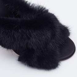 Pre Owned Aquazzura Black Mink Fur Cross Strap Slide Sandals Size 40