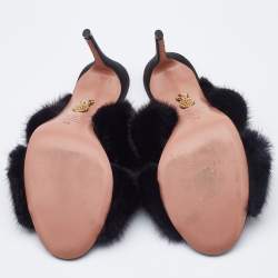 Pre Owned Aquazzura Black Mink Fur Cross Strap Slide Sandals Size 40