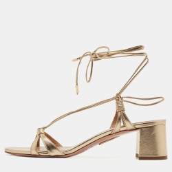 Pre Owned Aquazzura Metallic Gold Leather Ankle Wrap Sandals Size 41.5