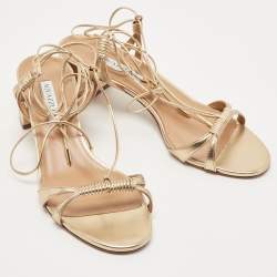 Pre Owned Aquazzura Metallic Gold Leather Ankle Wrap Sandals Size 41.5