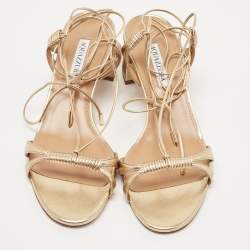 Pre Owned Aquazzura Metallic Gold Leather Ankle Wrap Sandals Size 41.5